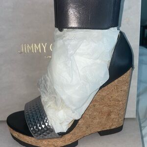 JIMMY CHOO NESTON CORK WEDGE SANDALS Steel & BLACK LEATHER Preloved Auth SZ38.5